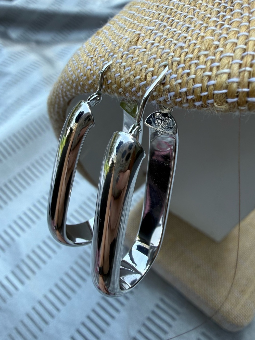 Milor Italy Bronze Elongated Oval Hoop Earrings, Silver Tone, Signed